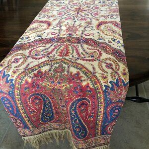 Pottery Barn 18" X 108" Table Runner w/Fringe Linen Blend Tan Red Blue Paisley